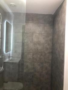 阿克拉Labone Luxury Condo and Apartment in Accra - FiveHills homes的带淋浴、水槽和镜子的浴室