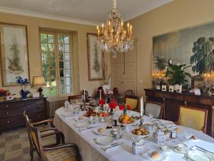 维耶尔宗Domaine de Charnay Plaisance Sologne的用餐室配有带吊灯的长桌