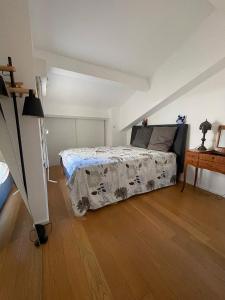 马赛Colourful loft in Marseille的一间卧室配有一张床,铺有木地板