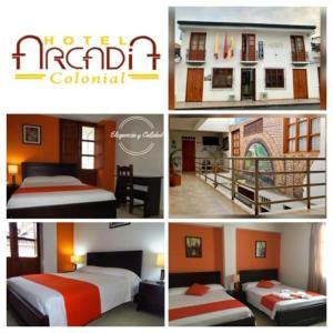 波帕扬Hotel Arcadia Colonial的一张酒店房间四张照片的拼贴图