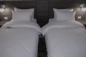 瓦迪穆萨Petra Gardens的两张睡床彼此相邻,位于一个房间里