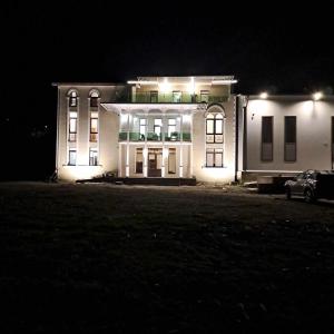 安布罗劳里Gonadze Vineyards Hotel的一座白色的大建筑,晚上有灯光