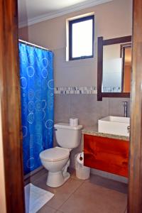蓬塔雷纳斯Hotel Cabinas Midey的浴室设有卫生间和蓝色的浴帘。