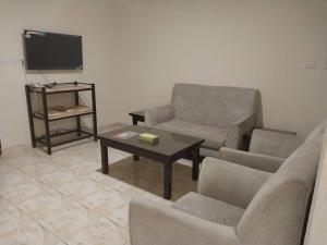 泰布克شقق نجوم الجزيرة للشقق المخدومة的客厅配有两把椅子、一张桌子和一台电视