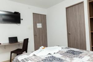 巴耶杜帕尔Hotel Galanni的一间卧室配有一张床、一张书桌和一台电视