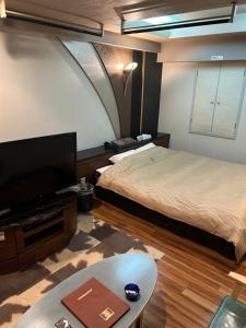 横滨Hotel AKAIKUTSU - Adult Only的一间卧室配有一张床和一台平面电视