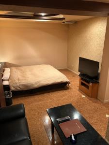 横滨Hotel AKAIKUTSU - Adult Only的客房设有1张床、1张桌子和1台电视。