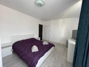 特尔古穆列什EVA's Rooms的一间卧室配有一张紫色的床和一台电视机