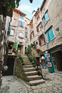 罗维尼卡萨巴戚尔瑞公寓的小巷里一座带楼梯的古老石头建筑