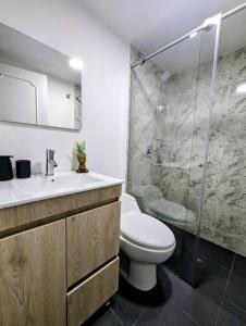 波哥大CHARMING APARTMENT IN CHICO RESERVED, 93 PARK, ZONE T!的一间带水槽、卫生间和淋浴的浴室