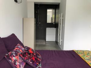比亚里茨Villa Bella à 250m des plages的一间带紫色沙发的卧室和一间浴室