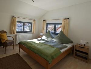 欣特察尔滕Ferienhaus Ketterer Hinterzarten的一间卧室配有一张床、一把椅子和窗户。