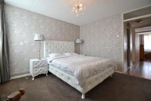 滨海卡特韦克Costa Del Katwijk的卧室配有白色的床和吊灯。