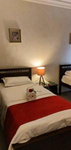 安曼Tamrah Suites Hotel的一间卧室配有一张带红色毯子的大床