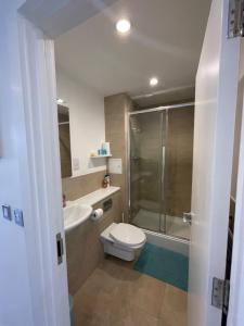 伦敦Morden 2bed2bath London Zone2 City/River View Home的浴室配有卫生间、盥洗盆和淋浴。