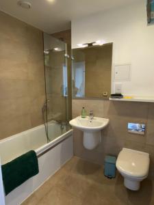 伦敦Morden 2bed2bath London Zone2 City/River View Home的一间带水槽、卫生间和淋浴的浴室