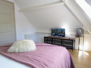埃滕-勒尔Stylish Guesthouse with 2 Free E-bikes - near Breda!的一间卧室配有一张带粉色毯子的床