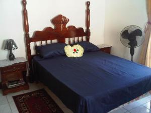 蒙特哥贝Melrose Place的一间卧室配有一张蓝色的床,上面有枕头