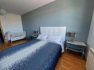 蓬费拉达El Silencio de Galadhrim的一间卧室配有一张带蓝色棉被的大床