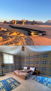 瓦迪拉姆Wadi Rum Star Camp的一间卧室设有一张床和瓷砖墙