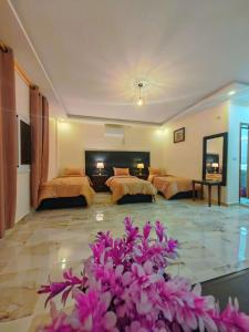 瓦迪穆萨iHome Petra的酒店客房带两张床和紫色鲜花