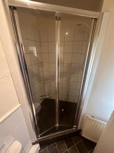 普雷斯顿Moor Park Apartments的浴室里设有玻璃门淋浴