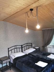 卡兹贝吉Garemta的一间卧室设有两张床和木制天花板