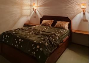 特特巴图Sarang Walet Homestay的卧室内的一张床位,墙上有两盏灯