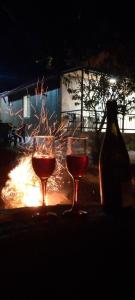 提斯基斯迪里BANI tsikhisdziri的两杯葡萄酒和一瓶在火前