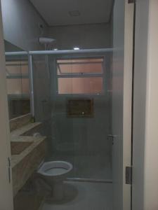瓜鲁雅Apto Guarujá Pitangueiras的一间带卫生间和玻璃淋浴间的浴室
