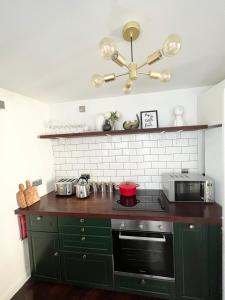 贝尔法斯特Luxury Belfast Stay - Townhouse的厨房配有绿色橱柜和炉灶。 顶部烤箱