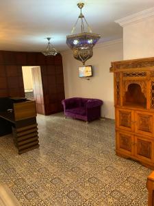 开罗Z Pyramids Inn的客厅配有紫色沙发和吊灯。