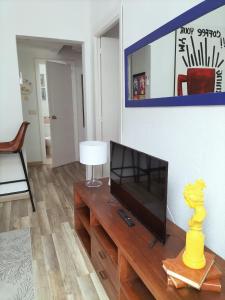 马德里El Coqueto de Vallecas的客厅配有木桌上的平面电视