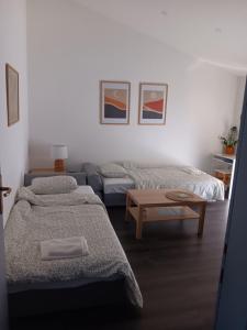 武科瓦尔Apartman Dunav的一间带两张床和一张沙发的客厅