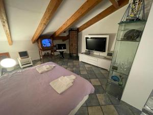 博洛尼亚Suite Indipendenza 58的客房设有紫色的床和电视。