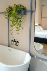 利马索尔Heart Hotel的带浴缸和镜子内植物的浴室