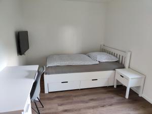 普福尔茨海姆Apartmenthaus Pforzheim的一间卧室配有一张床、一张桌子和一把椅子