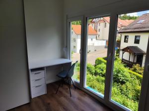 普福尔茨海姆Apartmenthaus Pforzheim的窗户客房内的一张桌子和一把椅子