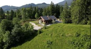 贝里斯泽尔Gemütliches Berg-Chalet mit Panoramablick的绿色田野上房屋的空中景观