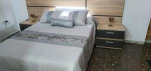 巴达霍斯APARTAMENTO TURISTICO GUADIANA LOFT EXPERIENCE Dalia的一间卧室配有一张带2个床头柜的大床