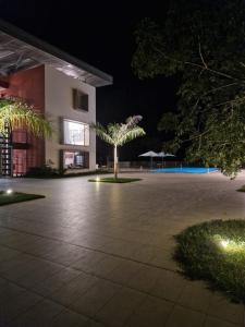 PamandziIbis Styles Mayotte Aéroport的一座庭院,晚上在一座建筑前种有棕榈树