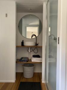 AlonnahLittle Pardalote Tiny Home Bruny Island的一间带水槽和镜子的浴室