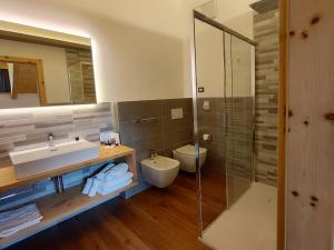 泰塞罗DOLOMITES B&B - Suites, Apartments and SPA的一间带水槽、卫生间和镜子的浴室