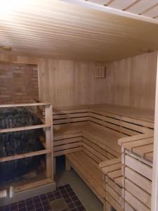 DundagaApartamenti Dundaga XXL的一间设有木墙和木架的桑拿浴室