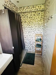 巴特德里堡2 P. Appartement am Kurpark的浴室设有步入式淋浴间,毗邻水槽