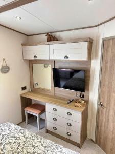 圣奥斯特尔Hot Tub Lodge Cornwall - Meadow Lakes Holiday Park的一间卧室配有带电视和床的梳妆台。