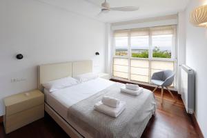 奥利奥San Sebastian Orio apartment on the beach garage的卧室配有床、椅子和窗户。