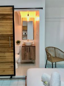 佩德纳莱斯HOTEL PLAYAS PERDERNALES ECUADOR的一间带水槽、卫生间和镜子的浴室