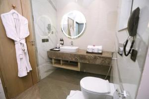 阿姆利则Regenta Place Amritsar by Royal Orchid Hotels Limited的一间带水槽、卫生间和镜子的浴室