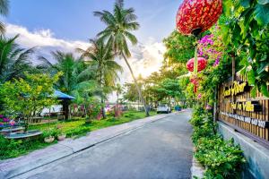 会安Sands River Hoi An Villa的花草和棕榈树的度假胜地的街道